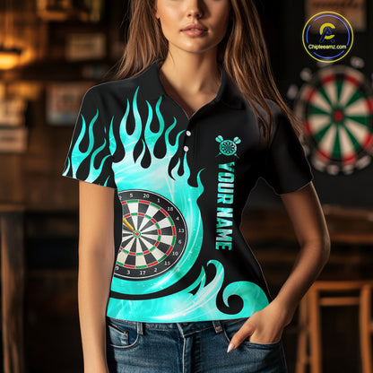 Black And Turquoise Flame Light Darts Polo & 1/4 Zip For Women Custom Darts League Team Jersey TDM5479