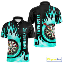 Load image into Gallery viewer, Black And Turquoise Flame Light Darts Polo &amp; 1/4 Zip For Men Custom Darts League Team Jersey TDM5479
