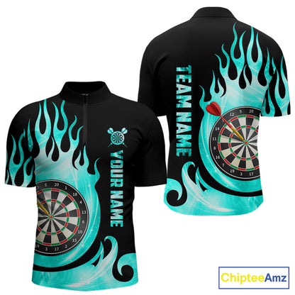 Black And Turquoise Flame Light Darts Polo & 1/4 Zip For Men Custom Darts League Team Jersey TDM5479