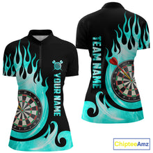 Load image into Gallery viewer, Black And Turquoise Flame Light Darts Polo &amp; 1/4 Zip For Women Custom Darts League Team Jersey TDM5479