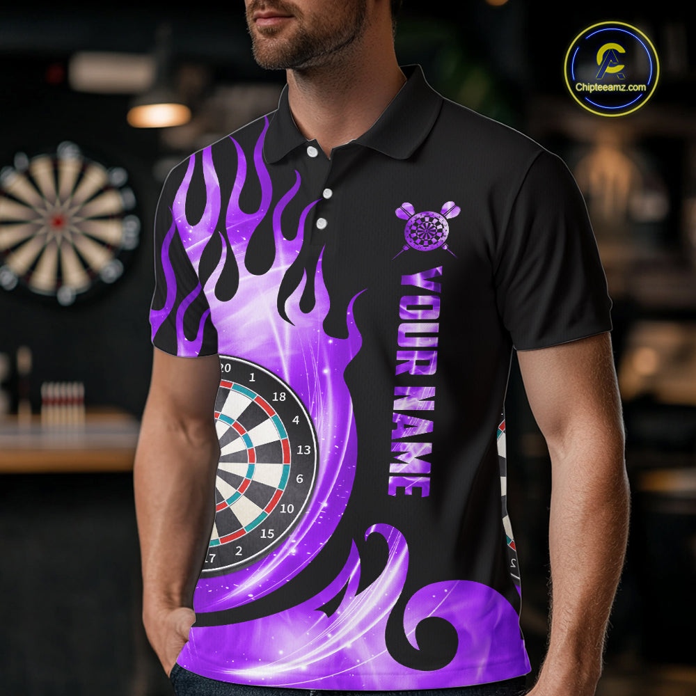 Black And Purple Custom Flame Light Darts Polo & 1/4 Zip For Men, Darts League Team Jersey TDM5480