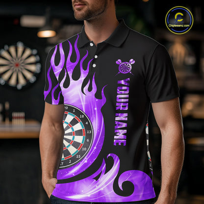 Black And Purple Custom Flame Light Darts Polo & 1/4 Zip For Men, Darts League Team Jersey TDM5480
