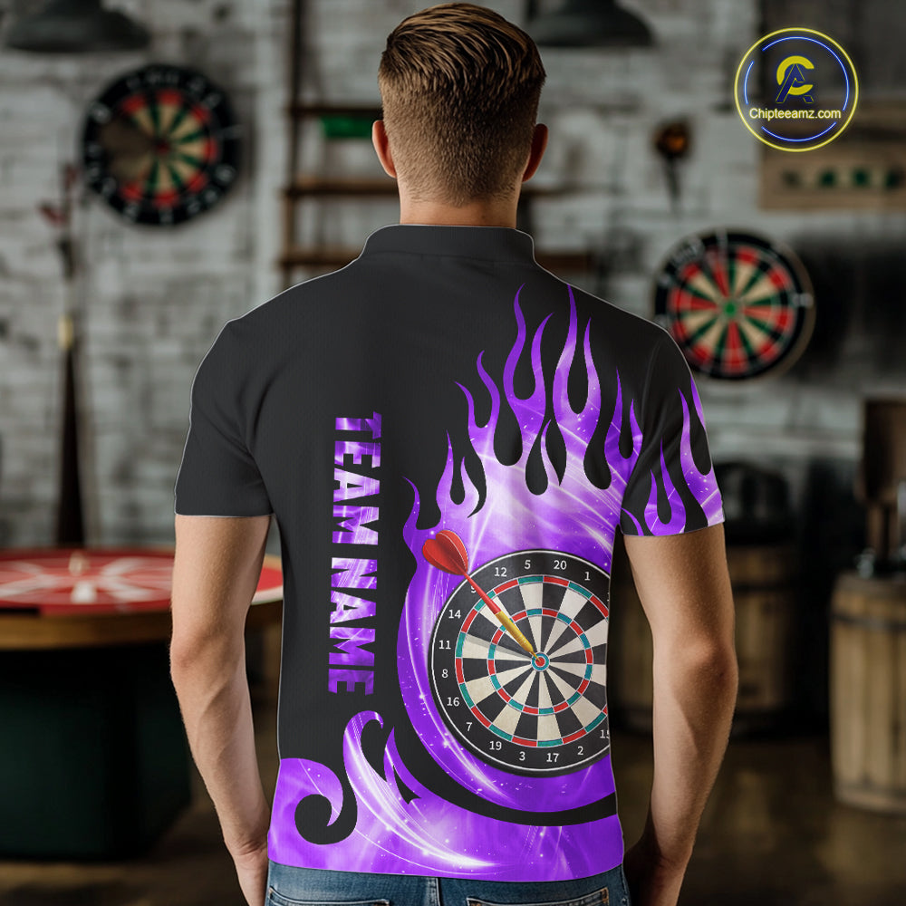 Black And Purple Custom Flame Light Darts Polo & 1/4 Zip For Men, Darts League Team Jersey TDM5480