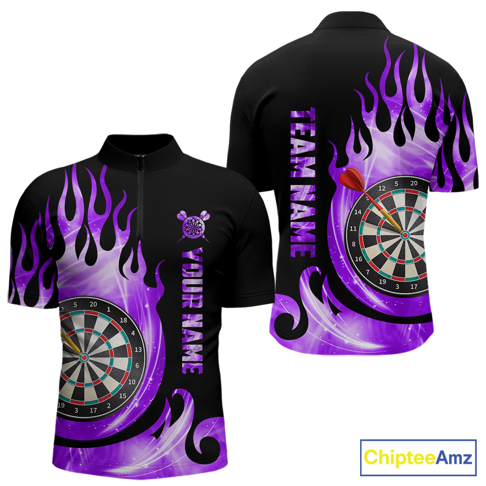 Black And Purple Custom Flame Light Darts Polo & 1/4 Zip For Men, Darts League Team Jersey TDM5480