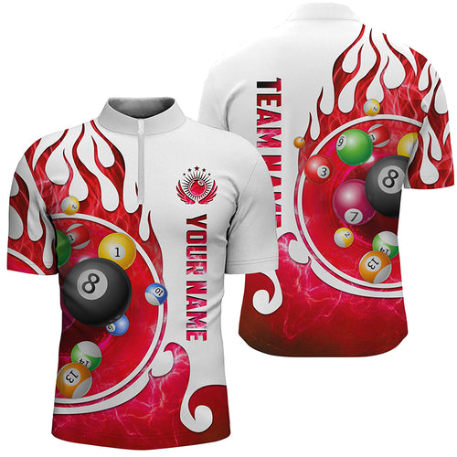 Personalized Billiard Fire Men Quarter-Zip Shirts Custom Name Billiard Shirt Design | Red TDM0916