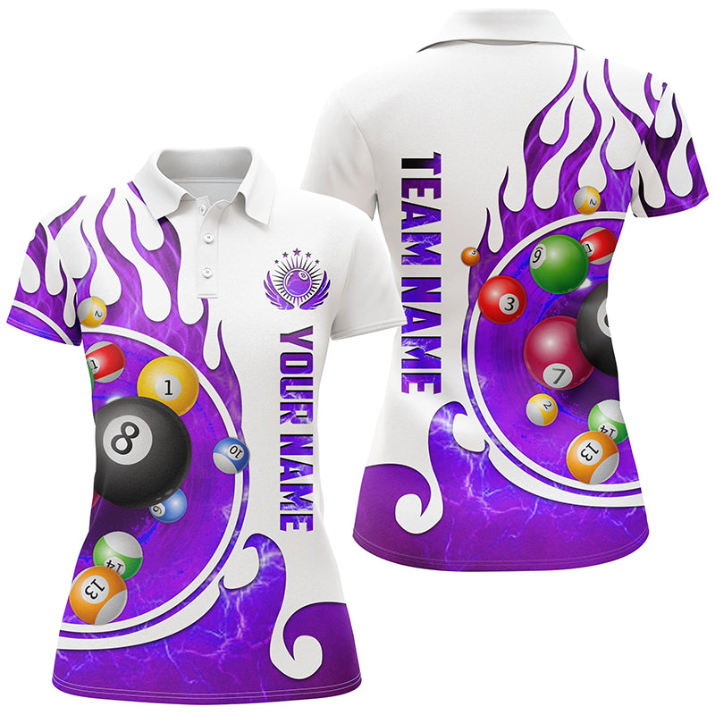 Personalized Name Billiard Fire Polo Shirts For Women Custom Team Name Billiard Shirt Design | Purple TDM0917