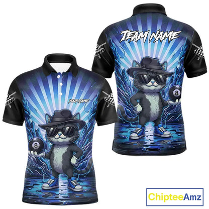 Funny Cat 8 Ball Billiard Shirt For Men Custom Blue Neon Graffiti Billiard Jersey Polo & 1/4 Zip TDM5742
