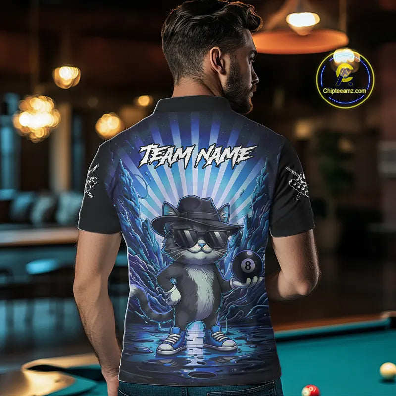 Funny Cat 8 Ball Billiard Shirt For Men Custom Blue Neon Graffiti Billiard Jersey Polo & 1/4 Zip TDM5742