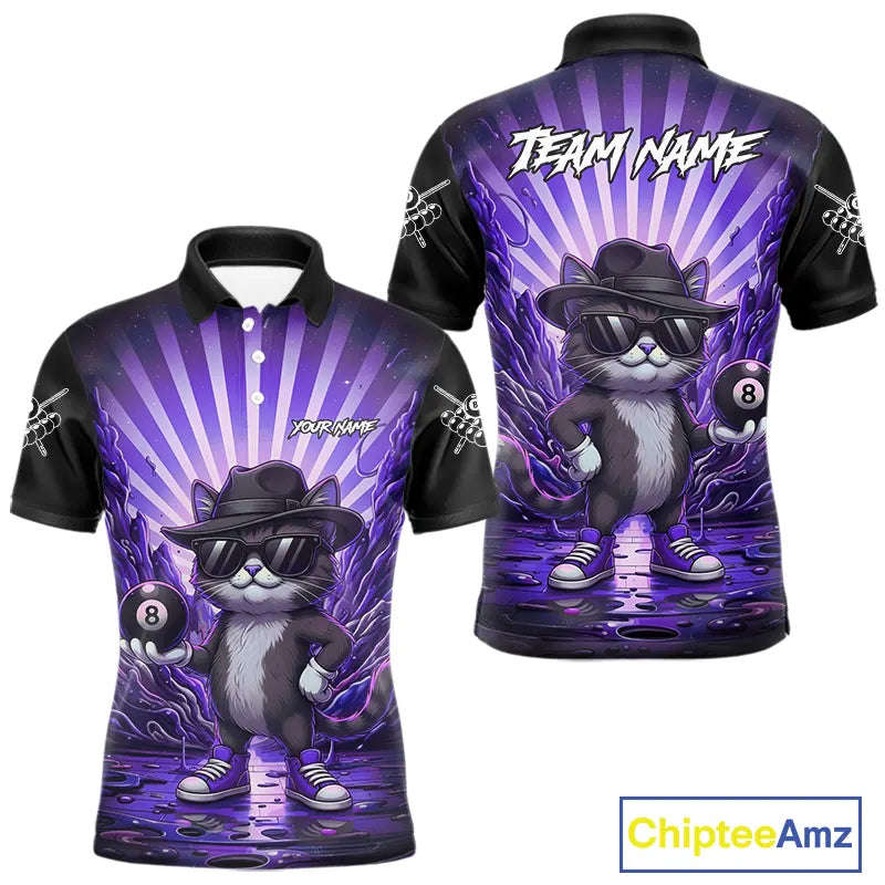 Funny Cat 8 Ball Billiard Shirt For Men Custom Purple Neon Graffiti Billiard Jersey Polo, 1/4 Zip TDM5743