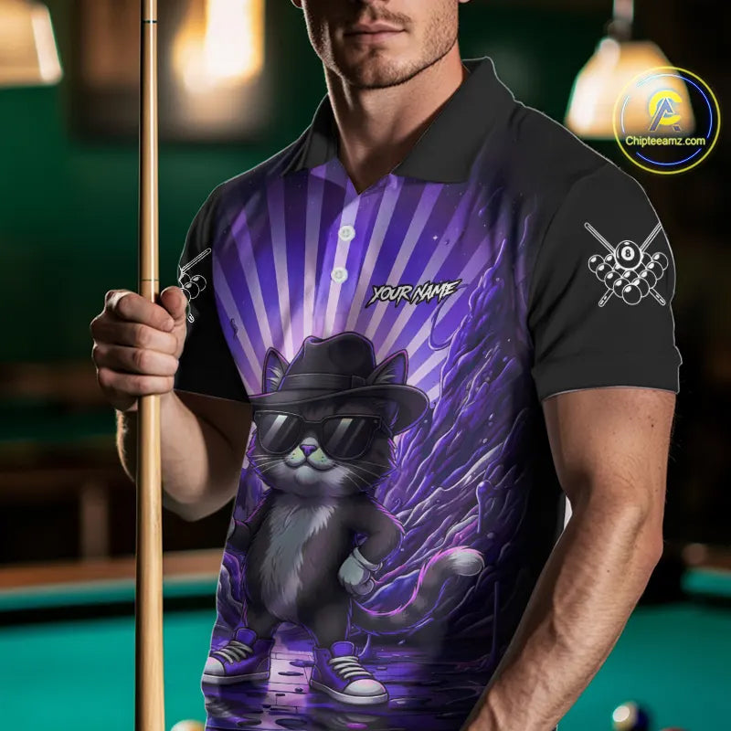Funny Cat 8 Ball Billiard Shirt For Men Custom Purple Neon Graffiti Billiard Jersey Polo, 1/4 Zip TDM5743