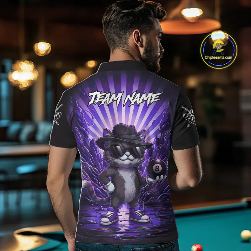 Funny Cat 8 Ball Billiard Shirt For Men Custom Purple Neon Graffiti Billiard Jersey Polo, 1/4 Zip TDM5743