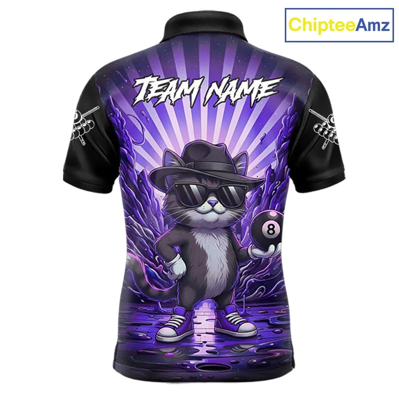 Funny Cat 8 Ball Billiard Shirt For Men Custom Purple Neon Graffiti Billiard Jersey Polo, 1/4 Zip TDM5743