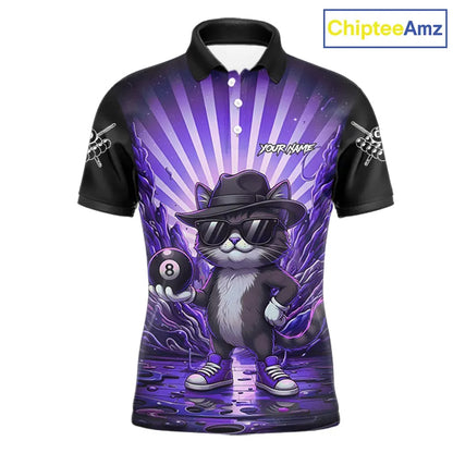Funny Cat 8 Ball Billiard Shirt For Men Custom Purple Neon Graffiti Billiard Jersey Polo, 1/4 Zip TDM5743