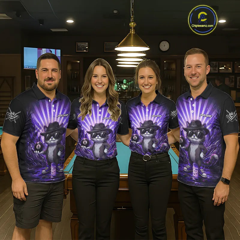 Funny Cat 8 Ball Billiard Shirt For Women Custom Purple Neon Graffiti Billiard Jersey Polo, 1/4 Zip TDM5743