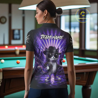 Funny Cat 8 Ball Billiard Shirt For Women Custom Purple Neon Graffiti Billiard Jersey Polo, 1/4 Zip TDM5743