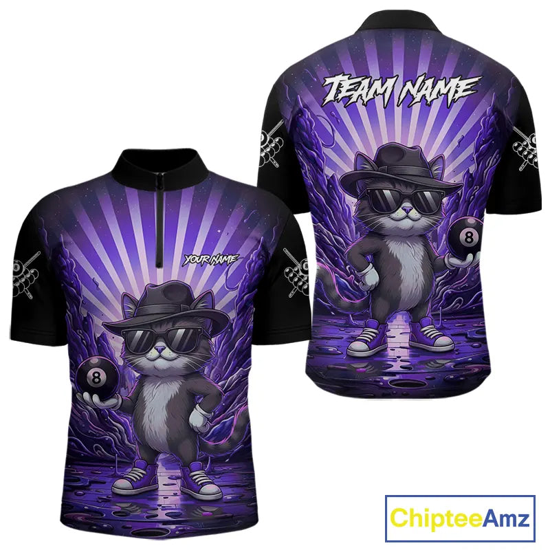 Funny Cat 8 Ball Billiard Shirt For Men Custom Purple Neon Graffiti Billiard Jersey Polo, 1/4 Zip TDM5743