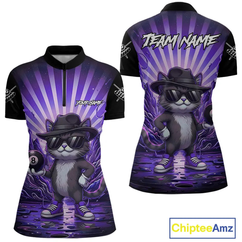 Funny Cat 8 Ball Billiard Shirt For Women Custom Purple Neon Graffiti Billiard Jersey Polo, 1/4 Zip TDM5743
