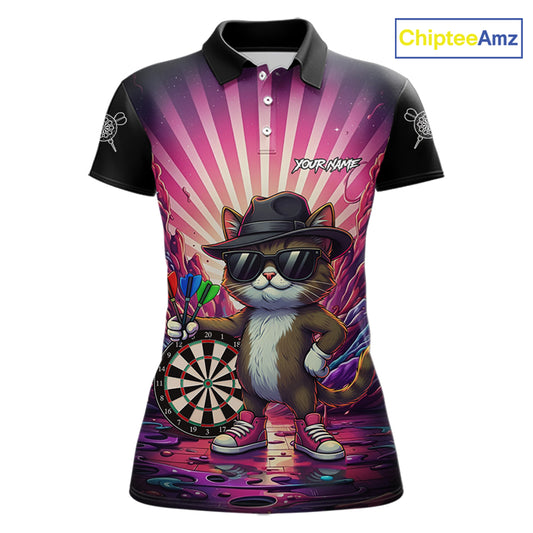 Pink Funny Cat Dartboard Neon Graffiti Darts Shirt For Women Custom Darts Jersey Team Polo & 1/4 Zip TDM5744