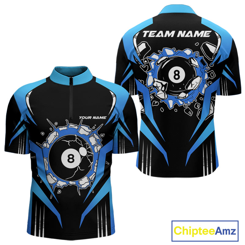 Funny Break 8 Ball Billiard Shirt For Men Custom Black And Blue Pool Team Jersey Polo, 1/4 Zip TDM6099