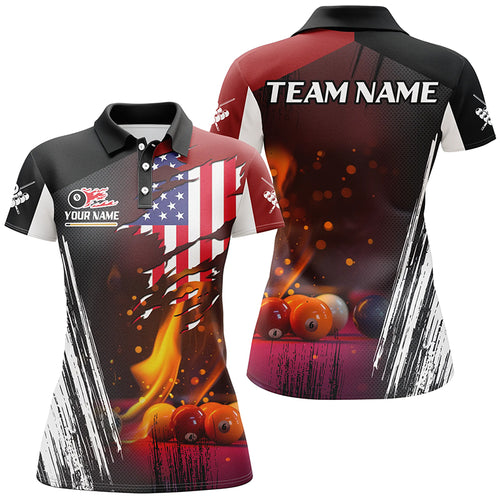 Patriotic US Flag Billiard Balls Fire Flame Custom Billiard Women Polo Shirts, Billiard Team Jerseys TDM1460