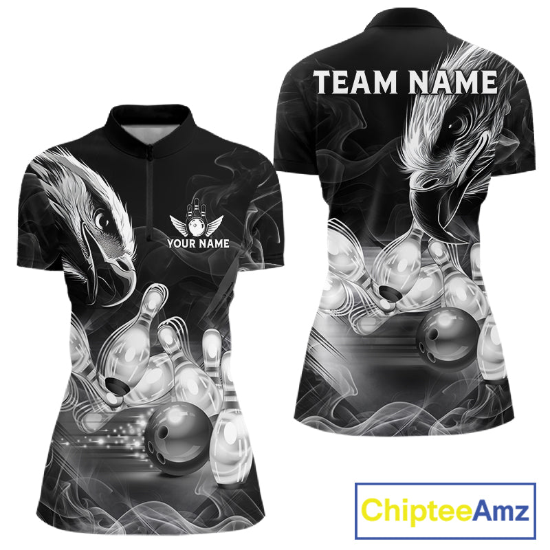 Black And White Custom Eagle Smoke Bowling Shirt For Women, Bowling Team Jersey Polo & 1/4 Zip TDM6356