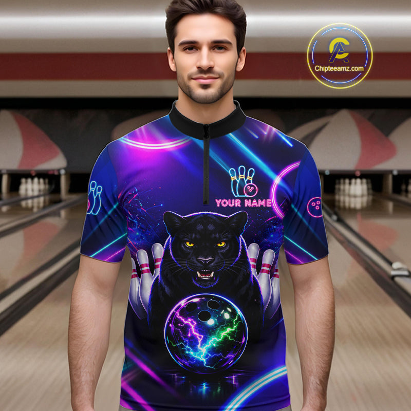 Neon Blue Purple Custom Panther Bowling Shirt For Men, Glowing Bowling Team Jersey Polo & 1/4 Zip TDM6358
