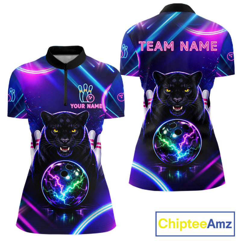 Neon Blue Purple Custom Panther Bowling Shirt For Women, Glowing Bowling Team Jersey Polo & 1/4 Zip TDM6358