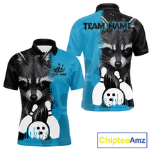 Load image into Gallery viewer, Black and blue raccoon bowling polo shirt for men with custom bowling team league graphics.