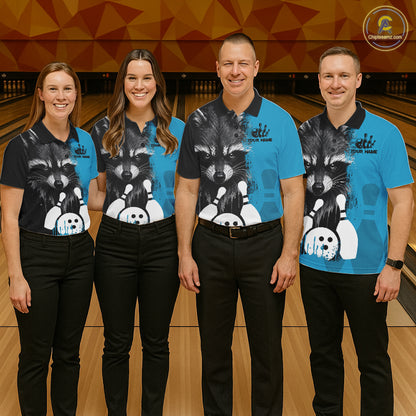Bowling team wearing matching black and blue raccoon bowling jerseys during league matches front view.