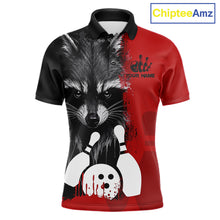 Load image into Gallery viewer, Black and red raccoon bowling polo shirt for men with custom bowling team league graphics.