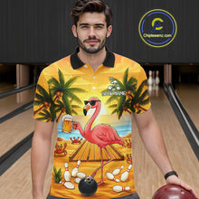 Load image into Gallery viewer, Man wearing a funny flamingo sunset tropical bowling polo shirt at a bowling alley front view.