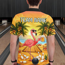 Load image into Gallery viewer, Back view of man wearing a funny flamingo sunset tropical bowling polo shirt inside a bowling alley.