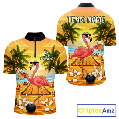 Funny flamingo sunset tropical bowling quarter zip shirt for men designed for league tournaments and team events.