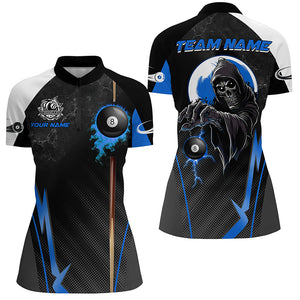 Funny Death Skeleton Ball 8 Fire Custom Women Billiard Shirts, Best 8 Ball Pool Jerseys |Blue TDM2035