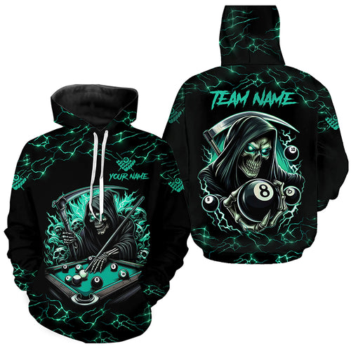 Turquoise Funny Death Skeleton 8 Ball Hoodie For Men Women Custom Lightning Billiard Jerseys TDM2040