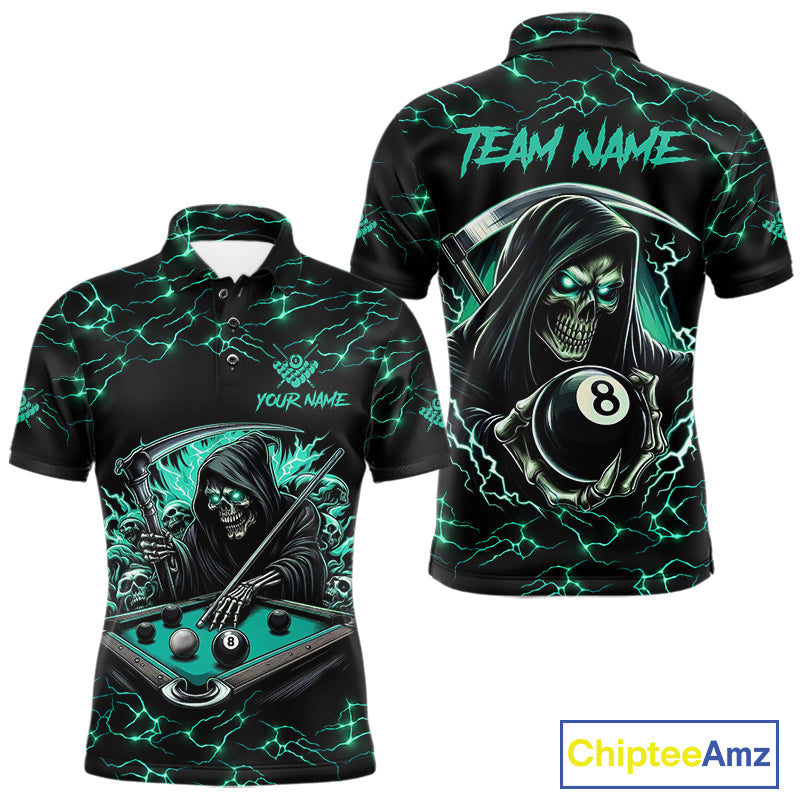 Turquoise Funny Grim Reaper 8 Ball Pool Men Billiard Shirts Custom Lightning Billiard Jerseys TDM2040