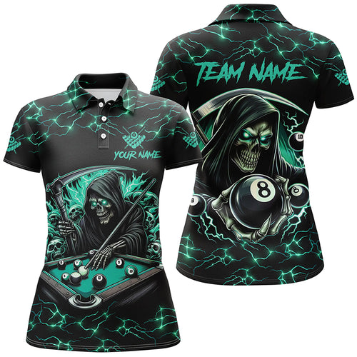 Turquoise Funny Death Skeleton 8 Ball Pool Women Billiard Shirts Custom Lightning Billiard Jerseys TDM2040