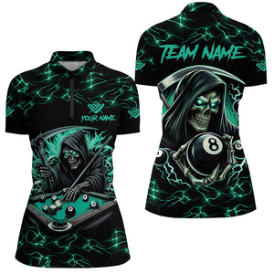 Turquoise Funny Death Skeleton 8 Ball Pool Women Billiard Shirts Custom Lightning Billiard Jerseys TDM2040