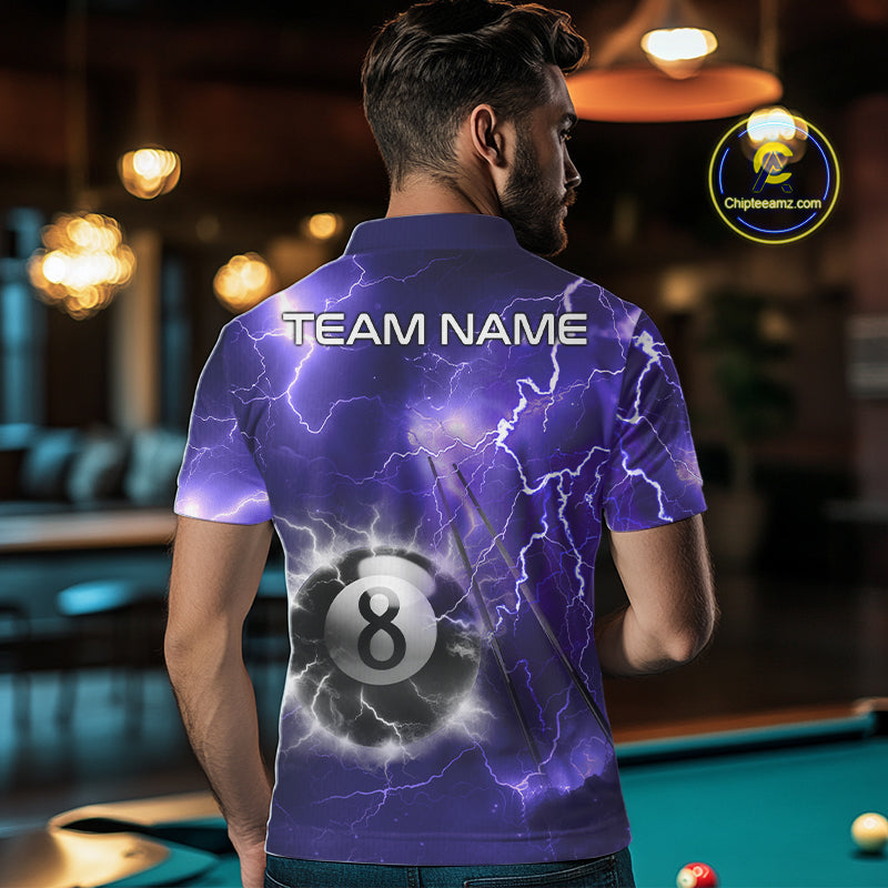 Man wearing personalized purple thunder lightning 8 ball billiard team jersey polo shirt, back view.