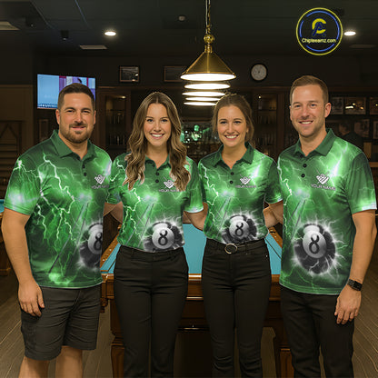 Man wearing personalized green thunder lightning 8 ball billiard team jersey quarter zip shirt, front view.