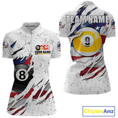 White grunge American flag 8 ball and 9 ball billiard team jersey quarter zip shirt for women featuring patriotic 8 ball and 9 ball graphics.