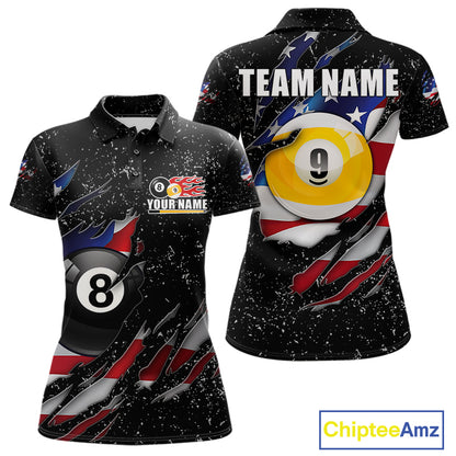 Black grunge American flag 8 ball and 9 ball billiard team jersey polo shirt for women featuring patriotic USA artwork, premium custom pool team apparel.