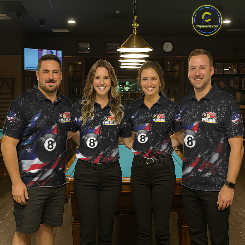 Man wearing black grunge American flag 8 ball and 9 ball billiard team jersey quarter zip shirt, front view.