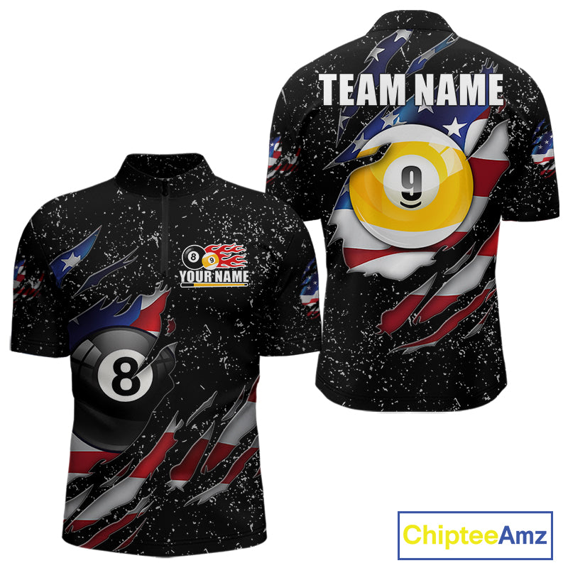 Black grunge American flag 8 ball and 9 ball billiard team jersey quarter zip shirt for men featuring patriotic 8 ball and 9 ball graphics.