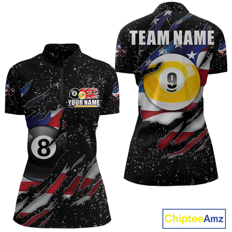 Black grunge American flag 8 ball and 9 ball billiard team jersey quarter zip shirt for women featuring patriotic 8 ball and 9 ball graphics.