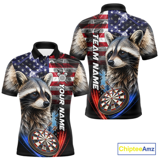 Smoke American Flag Raccoon Darts Polo, 1/4 Zip Shirts For Men Custom Patriotic Darts Team Jersey TDM7261