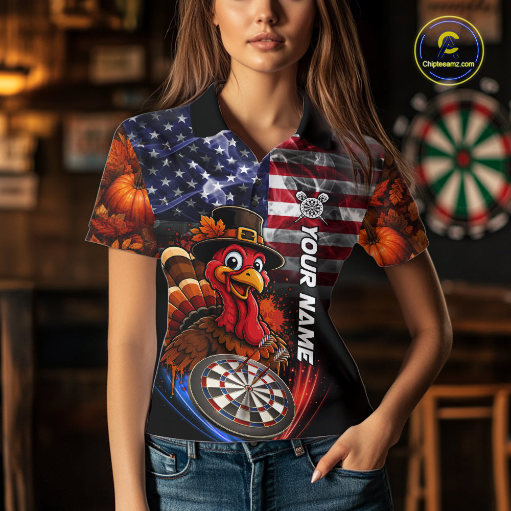 American Flag Smoke Turkey Darts Shirt For Women Custom Patriotic Thanksgiving Darts Team Jersey TDM7262