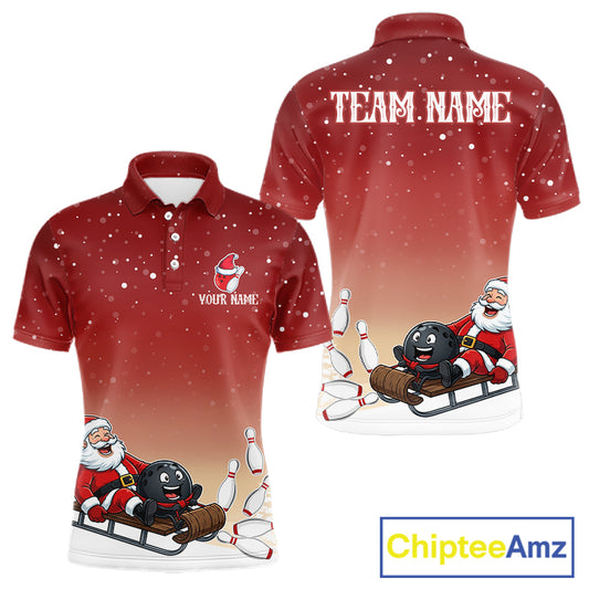 Red Funny Santa Christmas Bowling Polo, Quarter Zip Shirts For Men Custom Xmas Bowling Team Jersey TDM7547