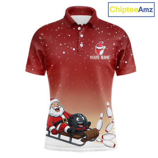 Red Funny Santa Christmas Bowling Polo, Quarter Zip Shirts For Men Custom Xmas Bowling Team Jersey TDM7547