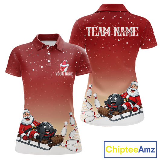 Red Funny Santa Christmas Bowling Polo, Quarter Zip Shirts For Women Custom Xmas Bowling Team Jersey TDM7547